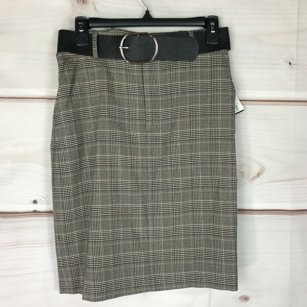 Bar III Skirt Womens 2 Brown Black Plaid Pencil Stretch Belted Lined Pockets